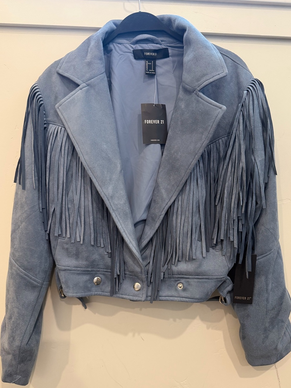 Forever 21 Dusty Blue Fringe Moto Jacket